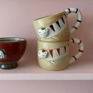 The Japan Collection : Handmade Cat mug with red stripes